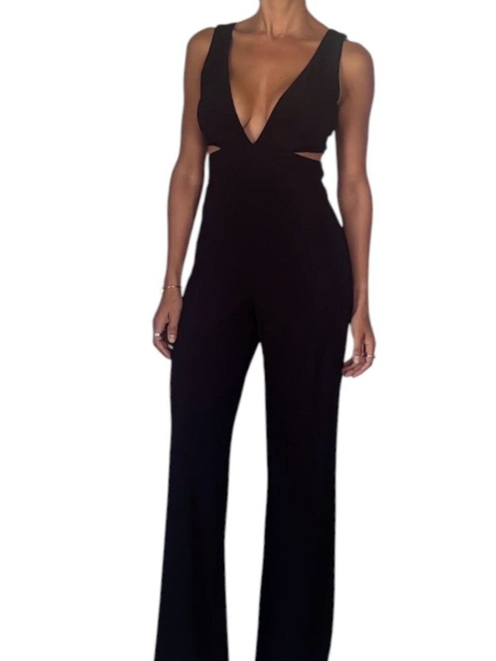 Laundry by Shelli Segal Black Wide Leg Jumpsuit Deep V Side Cutouts Lined Size 2